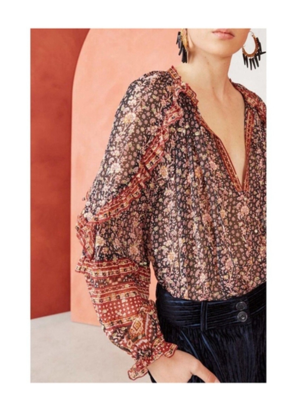 Ulla Johnson Black Floral Ruffle V-Neck Blouse with Pink Accents